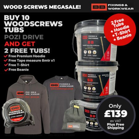 BB Torpedo Construction Woodscrews c/w Pozi drive Bits impact X 4  - Buy 10 Tubs + 2 Tubs Free + Free Tape Measure 8m + Free Hoodie  +  Free BB Work T shirt