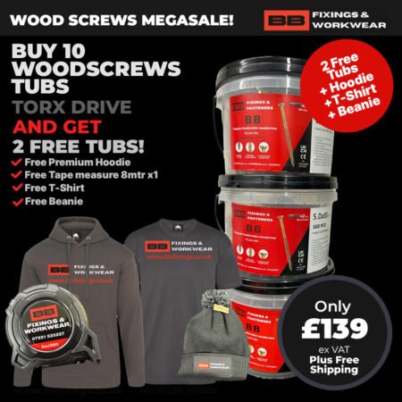 BB Torpedo Construction Woodscrews Buy 10 Tubs + 2 Tubs Free TORX DRIVE + Free Tape Measure 8m + Free Hoodie +  Free BB Work T shirt + Free Beanie