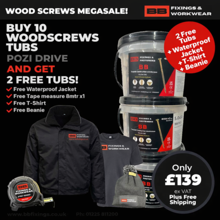BB Torpedo Construction Woodscrews c/w Pozi drive Bits impact X 4  - Buy 10 Tubs + 2 Tubs Free + Free Jacket +Free Tape Measure 8m + Free BB Work T shirt