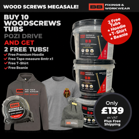 BB Torpedo Construction Woodscrews c/w Pozi drive Bits impact X 4  - Buy 10 Tubs + 2 Tubs Free + Free Hoodie +Free Tape Measure 8m + Free BB Work T shirt