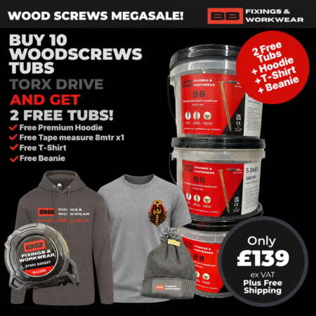 BB Torpedo Construction Woodscrews Buy 10 Tubs + 2 Tubs Free TORX DRIVE + Free Hoodie + Free Tape Measure 8m +  Free BB Work T shirt + Free Beanie