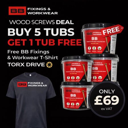 BB Torpedo Construction Woodscrews  (Torx Drive) - Buy 5 Tubs + 1 Tub Free + Free BB Work T shirt