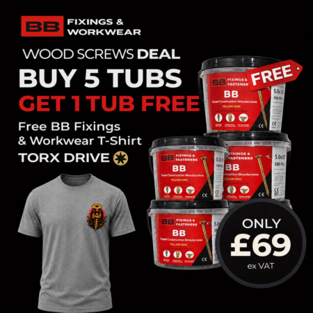 BB Torpedo Construction Woodscrews  (Torx Drive) - Buy 5 Tubs + 1 Tub Free + Free BB Work T shirt